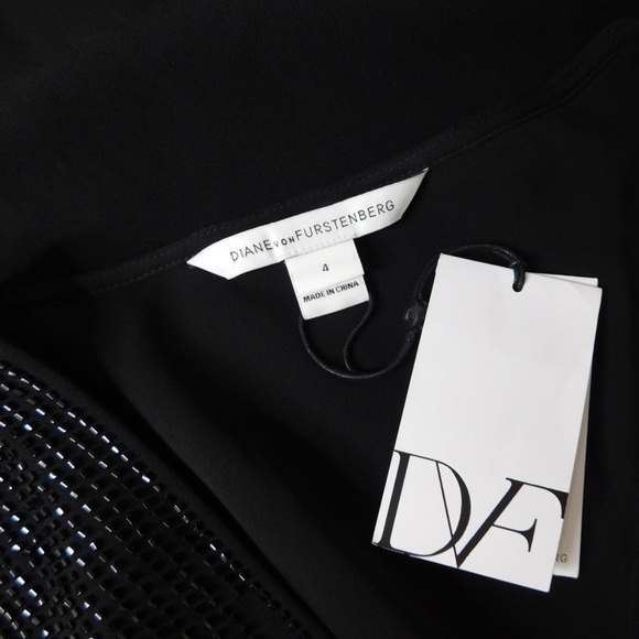 NWT!! DVF Diane Von Furstenberg Black Crepe Embellished Bella Faux Wrap Dress 4 - Picture 11 of 16